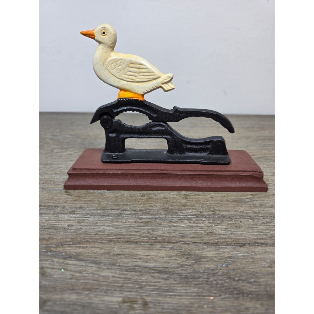 Vintage Cast Iron Duck Nutcracker Wood Base Country Farmhouse Kitchen Decor 7.5"